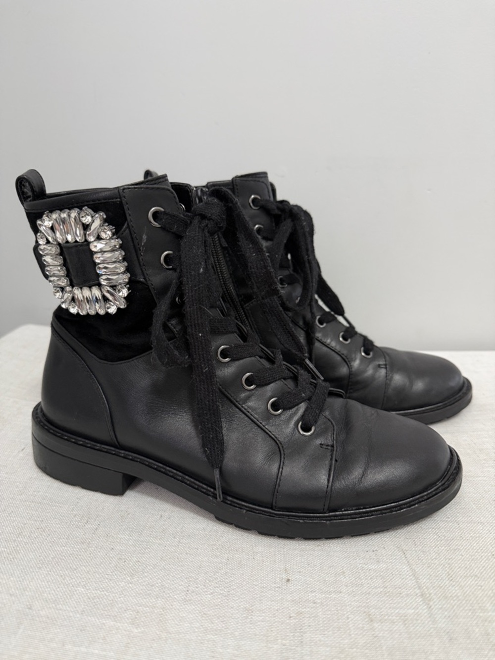 Alex Marie Tialana black leather combat boots with side rhinestone buckle size 7